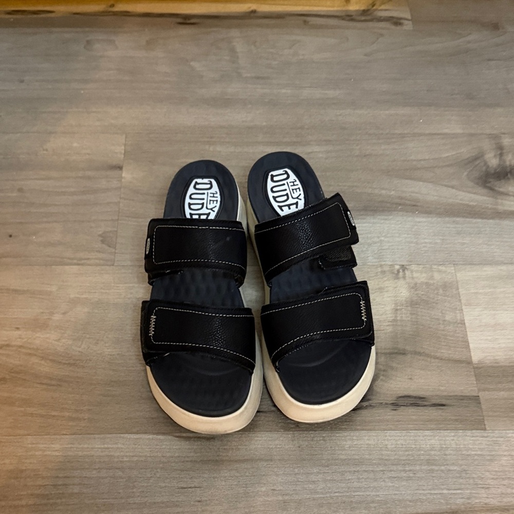 Hey Dude Black and Cream Platform Slide Sandals - Picture 2 of 5